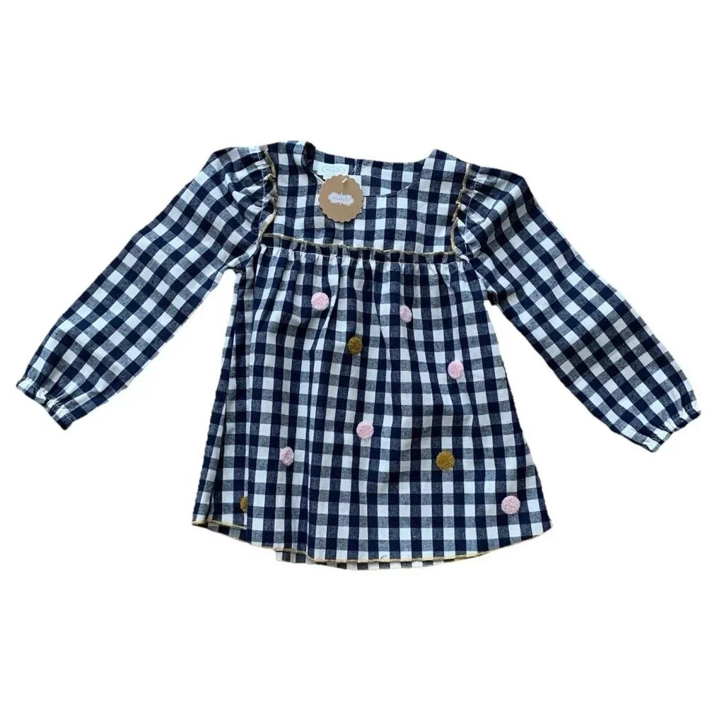 Mud Pie Girl’s Size 4T Blue White Gingham Dot Long Sleeve Tunic Top NWT